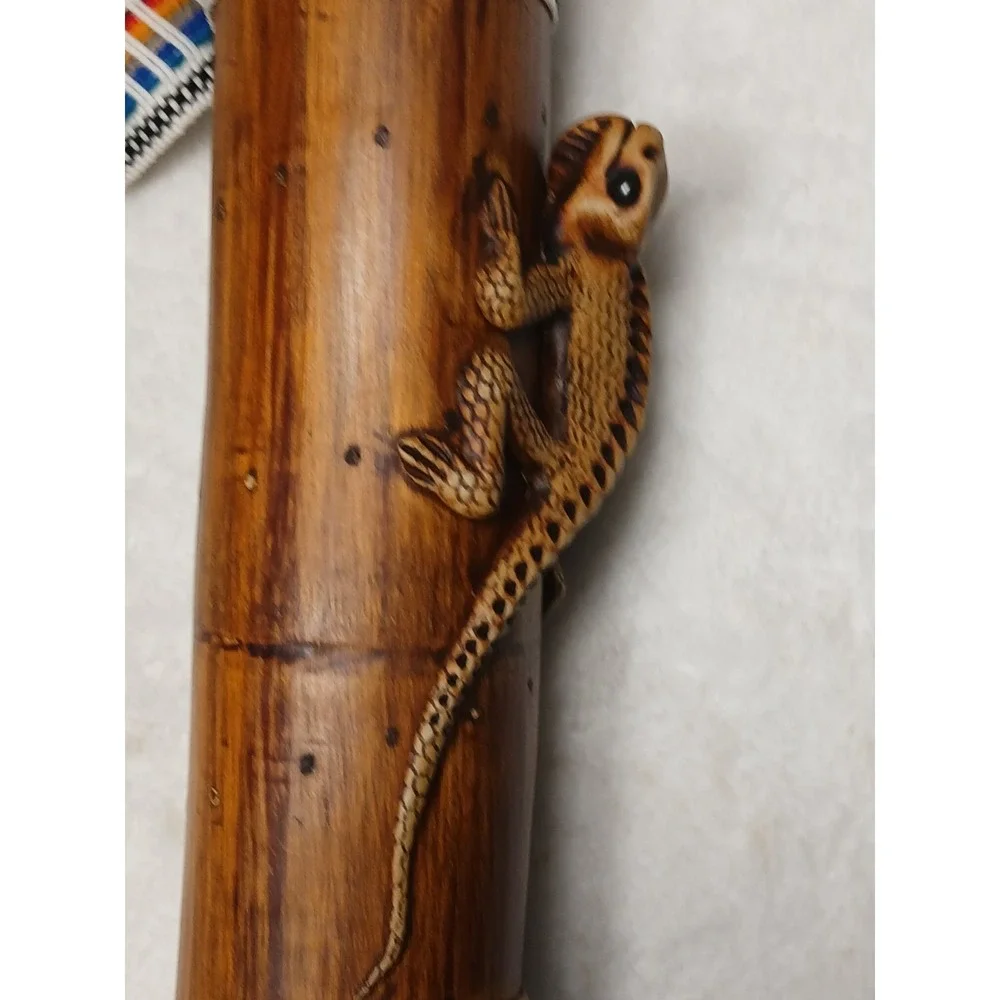 Vintage Hand Carved Bamboo‎ Galapagos Lizard Rainstick Shaker Woven Strap